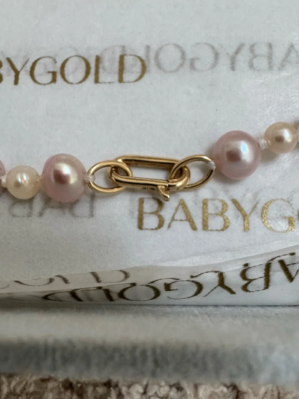 MWOTBaby Gold Blush & White Pearl Necklace With 14K Gold Petite Paper Clip Clasp - Picture 6 of 10
